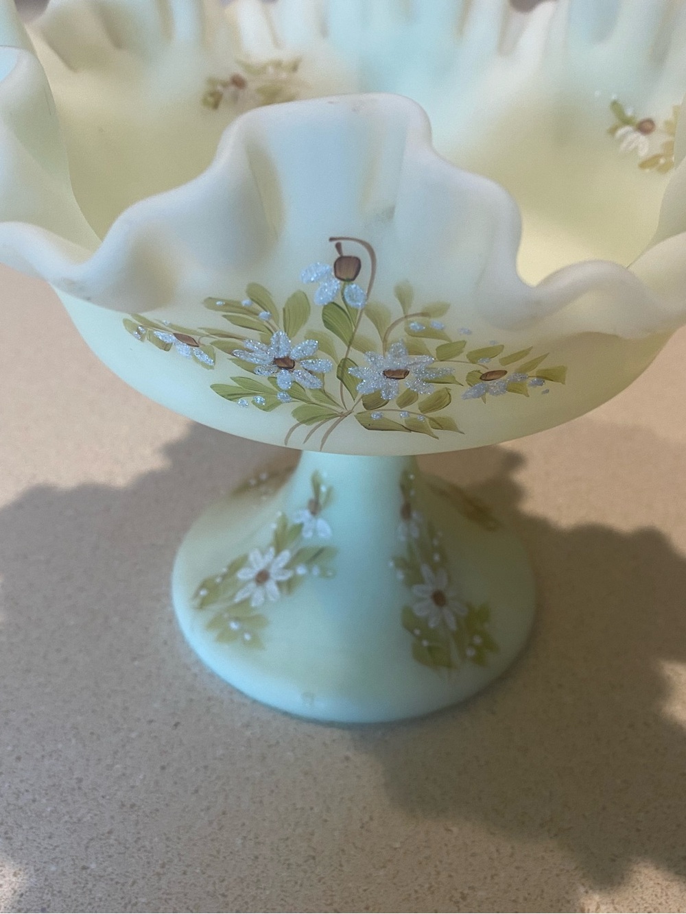 Fenton Pale Yellow Hand-Painted Floral Compote